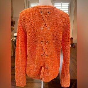 Women Sz XS  Speckled Orange Chunky Knit Long Sleeve Soft  Lace down Sweater
